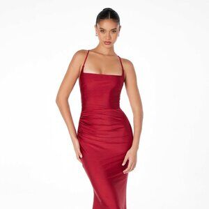 New Mermaid Maxi Evening Dress w/ Square Neckline & Open Lace Up Back CD T3001